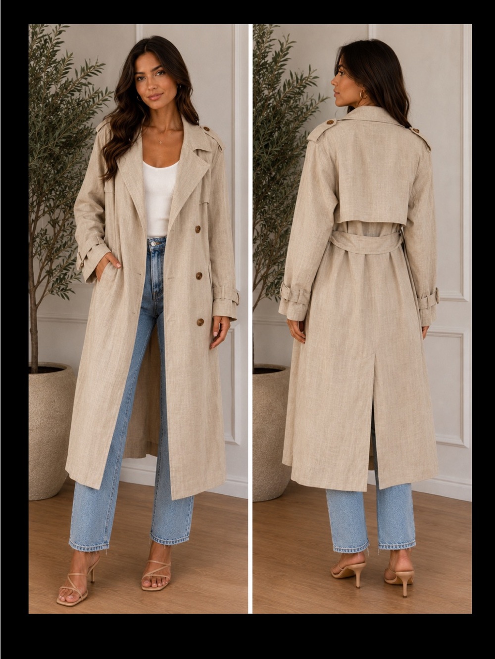 Beige Linen Long Trench Coat - Women
